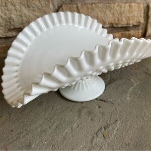 Large Vintage Fenton footed hobnail milk glass banana stand with ruffled edge